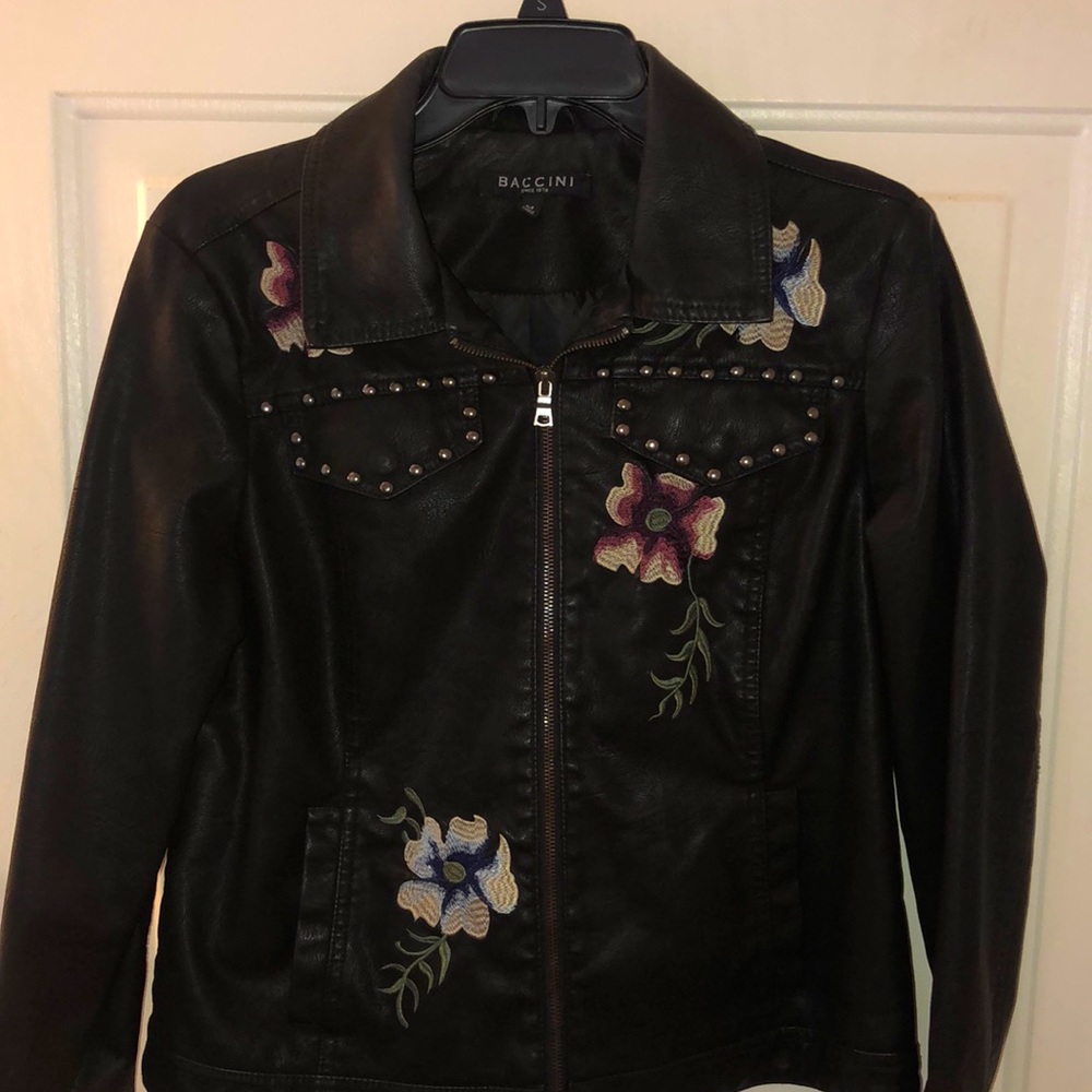 Vaccinia Black Fauc Leather Jacket with Flowers